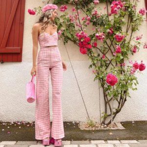 Zara 2 Piece Full Gingham Pants And Corset Set Pink/White NWT
